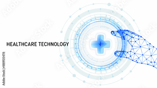 A digital hand interacts with a glowing medical network and healthcare technology