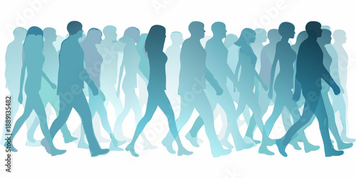 A crowd of silhouetted people walking in the same direction