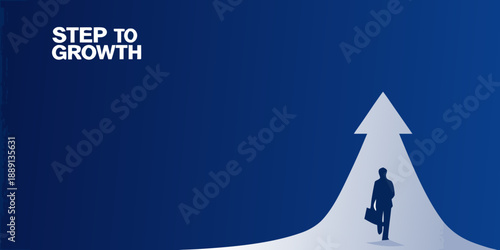 A person walking up a white arrow symbolizing growth and progress