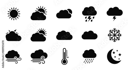 Black and white weather icons depicting sun clouds rain and more