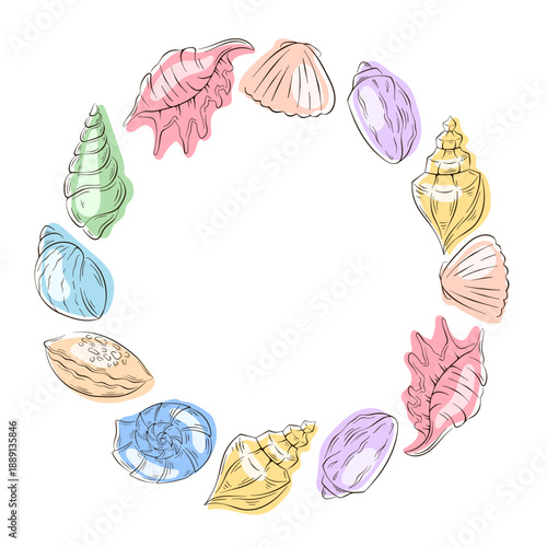 Circular wreath frame with seashell in flat style on white background with copy space.