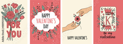 Valentine's Day Greeting Card Set, Hand Drawn Floral Illustrations, Romantic Hearts and Hands, King of Hearts Playing Card