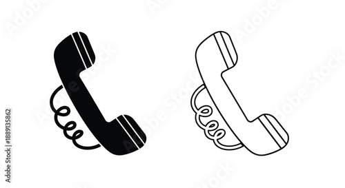 Two black and white illustrations of vintage telephone handsets are displayed
