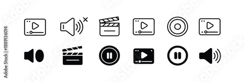 Multimedia video player icon collection with play button volume control clapper board pause sign and sound mute symbols for web ui