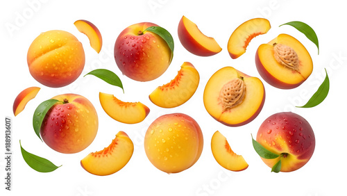 Fresh juicy peaches with slices and green leaves floating, isolated on white or transparent background, perfect for healthy food, summer fruit, nutrition, and freshness concepts. PNG