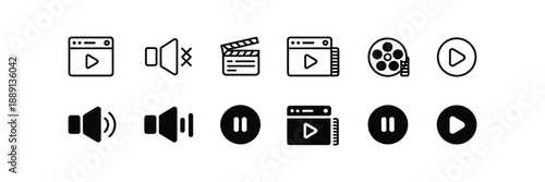 Digital media control interface icons set containing video window clapperboard volume adjust pause button and play circle for apps
