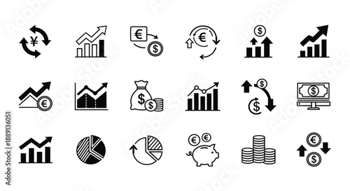 A collection of black and white icons representing finance economics growth and currency exchange rates
