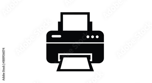 Simple black icon depicting a desktop inkjet printer with paper tray