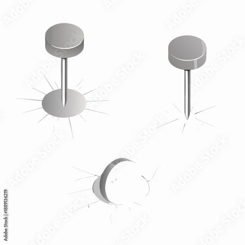 Two silver push pins and a bent pin creating a crack