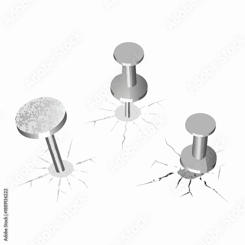 Three silver push pins cracking a white surface showing damage