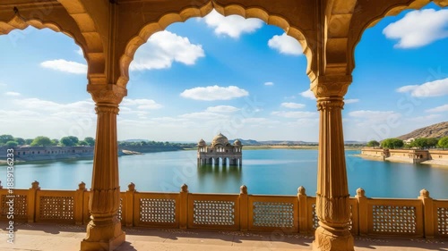Scenic view of a lake with a palace in the distance surrounded by arches
