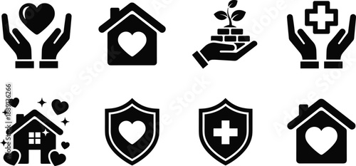 Black and white charity icons set with heart hands home and cross for medical insurance background