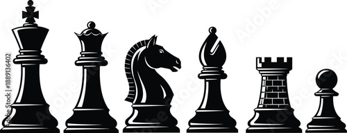 Black and white chess pieces silhouette set with king queen knight bishop rook and pawn for strategy game