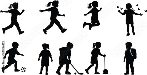 Black and white children silhouettes set with kids playing soccer hockey and jumping for school playground cad drawing flat illustration