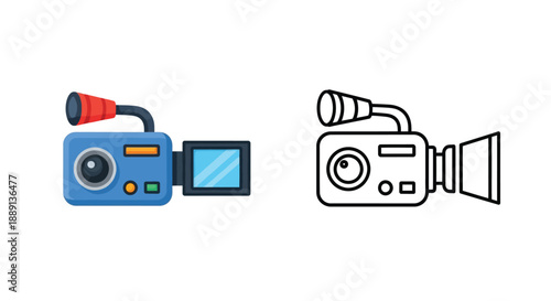 Two depictions of a vintage video camera one color and one outline