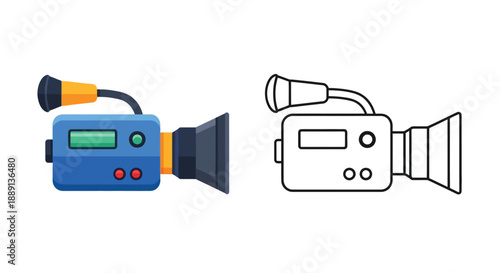 Two depictions of vintage video cameras colored and outlined versions