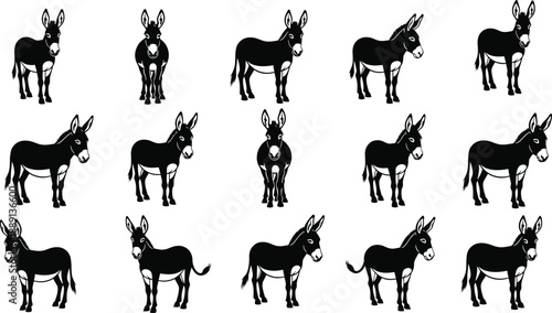 Cartoon donkey icon set with stylized black silhouettes in varied poses for education and design, flat vector illustration