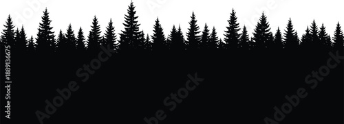 Black and white evergreen forest silhouette with pine and spruce trees for nature background and landscape architecture cad drawing flat illustration