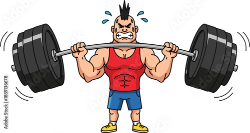 Cartoon weightlifter with barbell, muscular character, strength training effort, gym workout, flat vector illustration, fitness graphic design