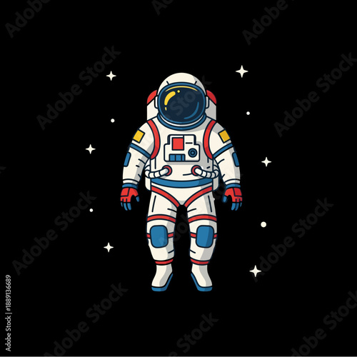 Cartoon illustration of an astronaut in a white spacesuit with red and blue accents floating in starry deep space.