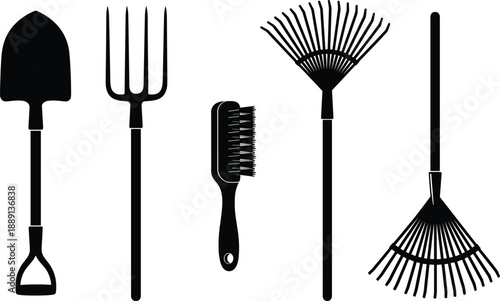 Black and white garden tool silhouettes set with shovel pitchfork rake and brush for landscaping equipment