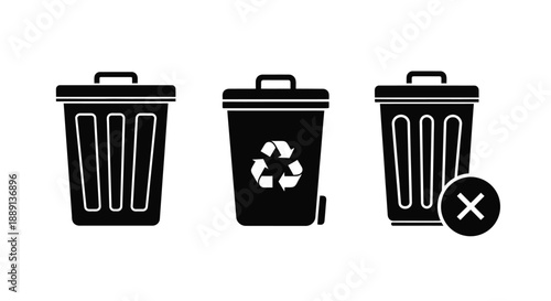 Three black trash cans with varying symbols one with a prohibition sign
