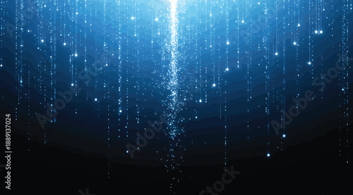 Vertical blue light streams descending from top toward central glowing line on dark background, symbolizing falling data, digital flow, and abstract cyber environments in futuristic technology and net