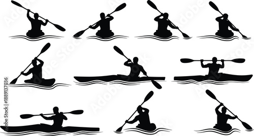 Black and white kayaking silhouettes set with people paddling canoes for water sports outdoor adventure