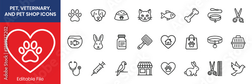 Pet Veterinary And Pet Shop Thin Line Icon Set
