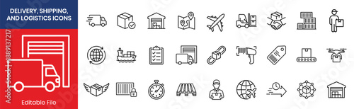 Delivery Shipping And Logistics Thin Line Icon Set