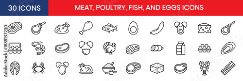 Meat Poultry Fish And Eggs Thin Line Icon Set
