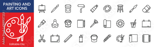 Painting And Art Tools Thin Line Icon Set