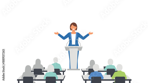 Confident female speaker addressing an audience from behind a podium in a classroom or conference setting, gesturing with open arms, symbolizing public speaking, educa...