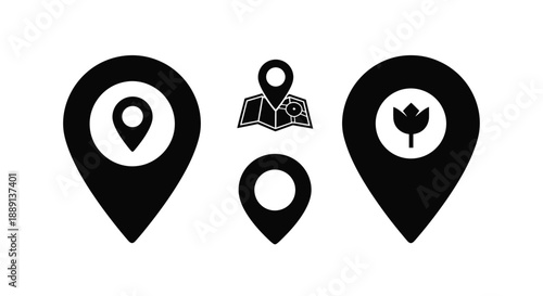 Four black location pin icons displayed on a white background
