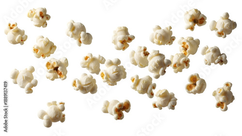Close up of fluffy and light popcorn kernels, isolated on white or transparent background, ideal for snack food, movie night, cinema, and crunchy texture concepts. PNG