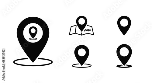 Black map marker icons set against a white background