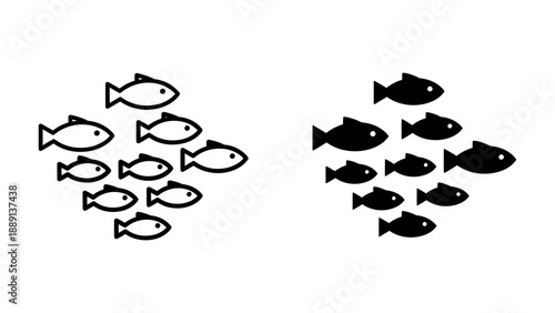 Stylized Fish School Icon Design in Outlined and Solid Black