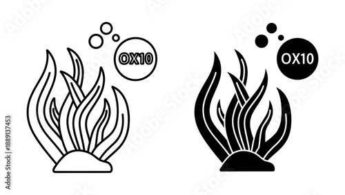 Two Monochrome Seaweed Icons with Bubbles and Text Labels
