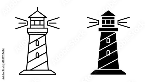 Vector Lighthouse Icons in Black and White Outline and Solid Styles