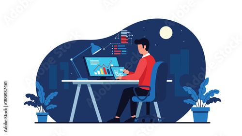 Man working late at night at a desk with a computer displaying charts and graphs, tablet, and desk lamp, illustrating remote work, data analysis, and freelance enginee...