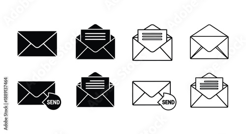 Collection of envelope icons in varying styles and orientations