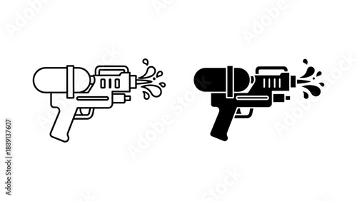 Line and Silhouette Water Gun Icons with Spraying Water