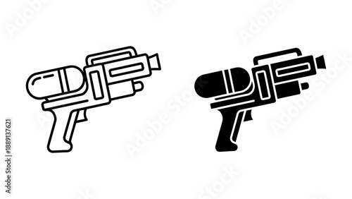 Outline and Silhouette Icons of a Water Gun on White