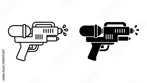 Outline and Solid Icons of a Water Gun with Water Splashes