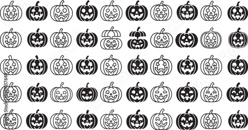 Collection of various carved pumpkin faces for Halloween decoration and design