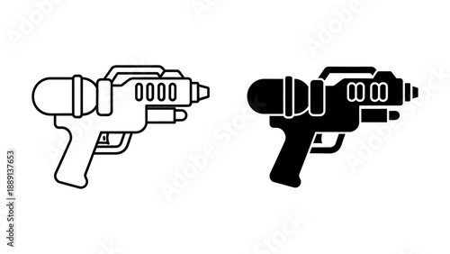 Outline and Silhouette Sci-Fi Blaster Weapon Icons on White Background