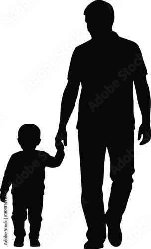Black, silhouette, of, a, father, and, son, walking, together, holding, hands, representing, parenting, childhood, family, bond, love, guidance, and, support.