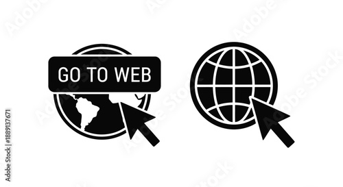 Black icons depicting a globe and a go to web button with pointer arrows