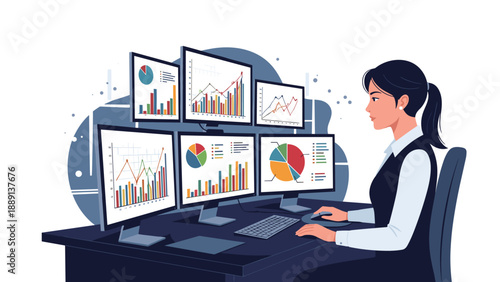 Woman analyzing multiple computer monitors displaying financial charts and graphs, indicating data analysis, stock trading, business intelligence, and financial engine...