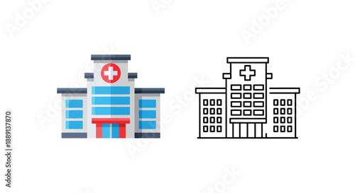Two pixel art hospital building icons one colored and one outlined